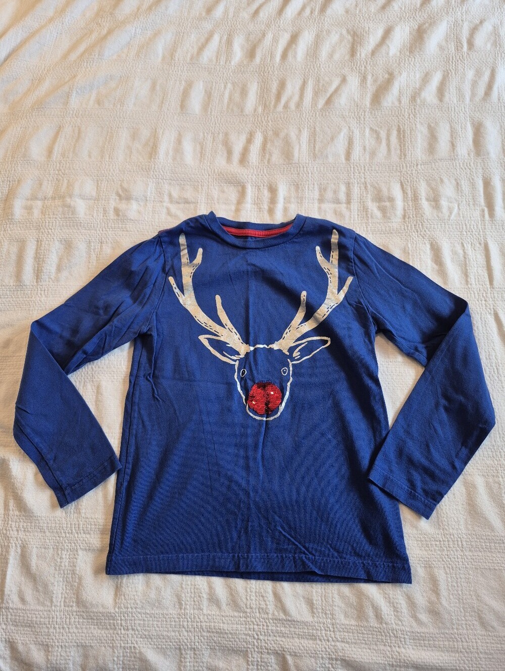 Mini Boden girls 9-10 years blue shirt deer with red/silver sequin nose VGUC